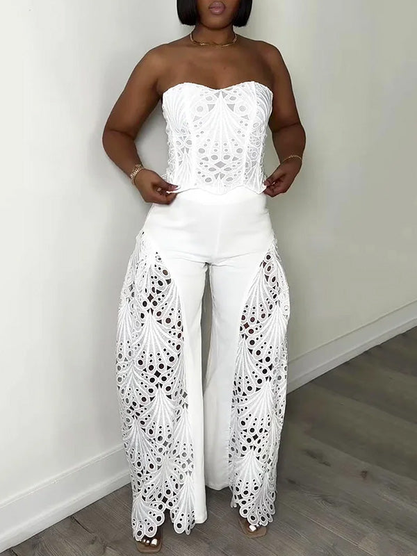 Indiebeautie Lace Tube Top & Wide-Leg Pants Set