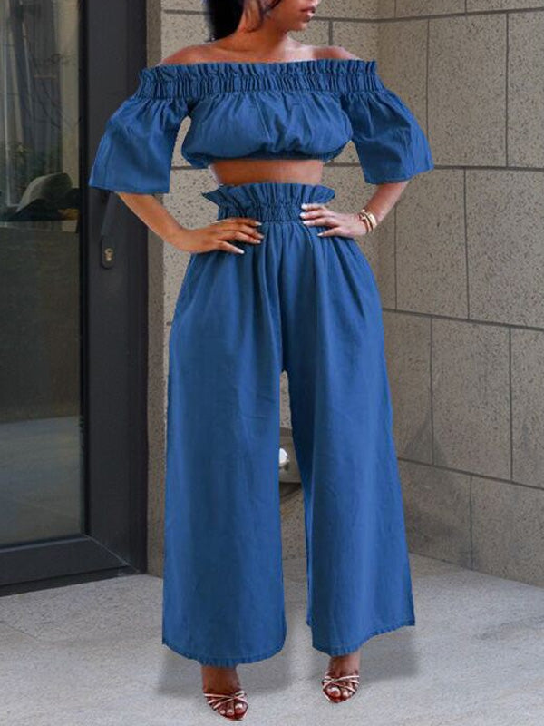 Denim Off-Shoulder Crop Top & Pants Set