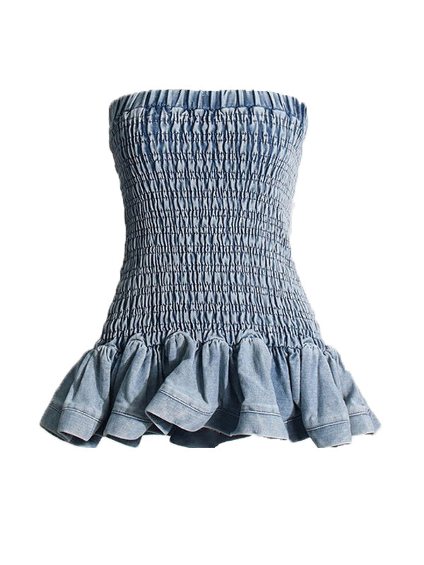 Smocked Ruffle Denim Skirt