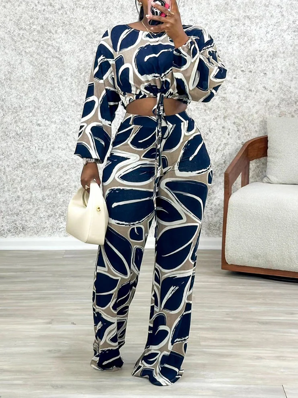 Printed Crop Top & Wide Leg Pants Set