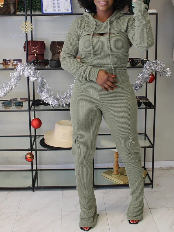 Solid Cropped Hoodie & Cargo Jumpsuit Set--Clearance