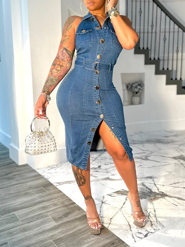 Halter Button-Front Denim Dress