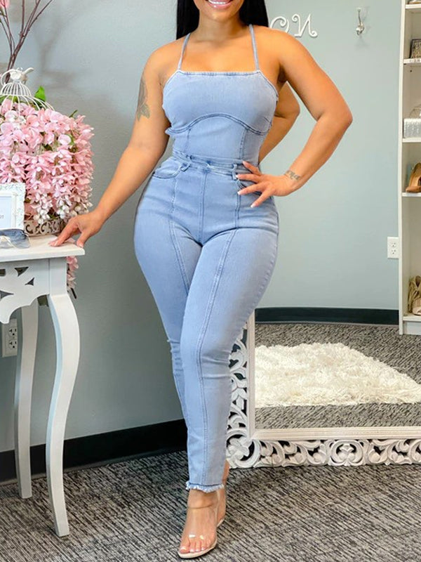 Indiebeautie Sleeveless Tied-Back Denim Jumpsuit