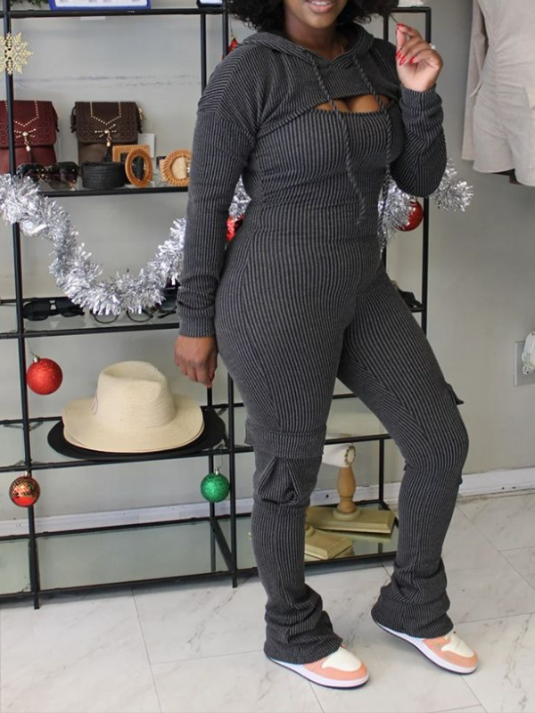 Solid Cropped Hoodie & Cargo Jumpsuit Set--Clearance