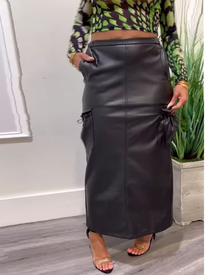 Faux Leather Cargo Skirt