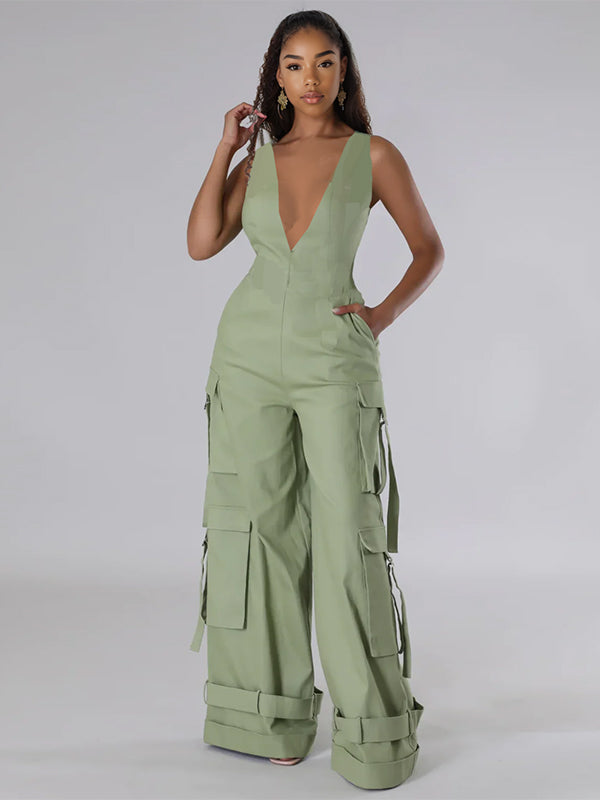 Indiebeautie V-Neck Sleeveless Cargo Wide-Leg Jumpsuit