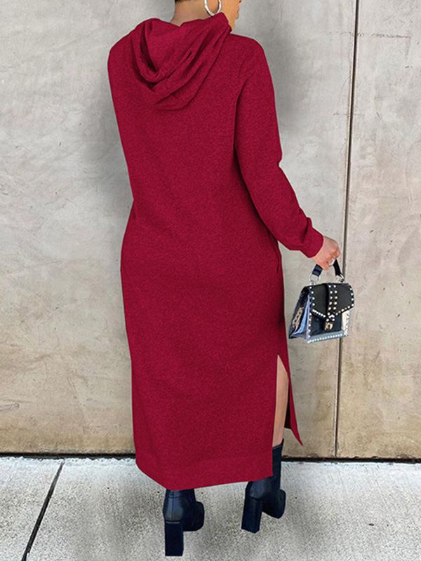 Solid Slit Hoodie Dress--Clearance