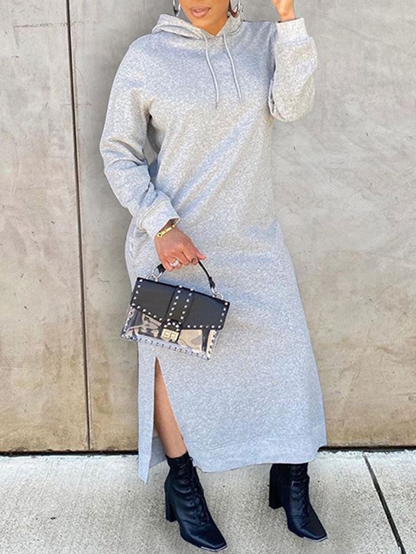 Solid Slit Hoodie Dress--Clearance