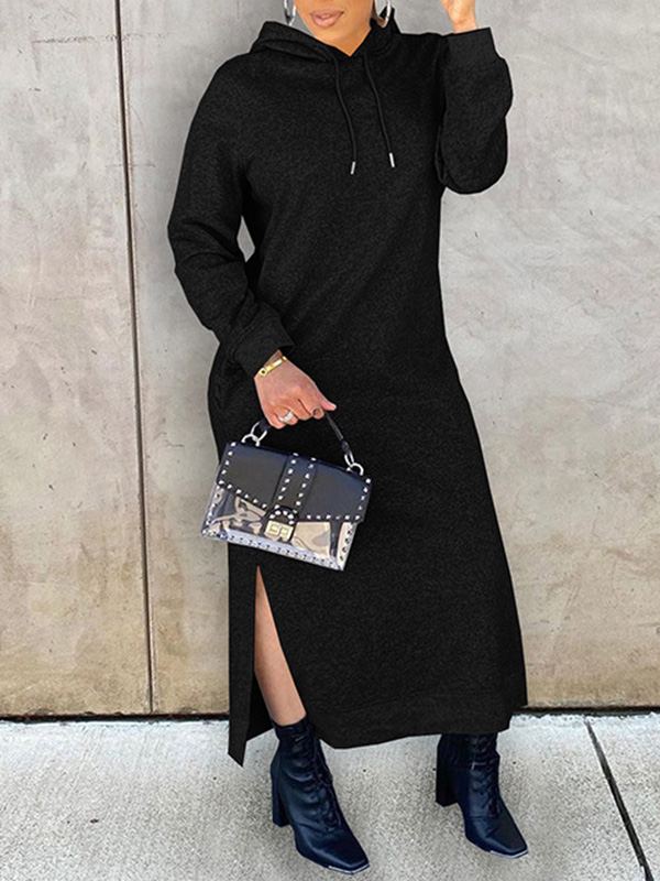 Solid Slit Hoodie Dress--Clearance