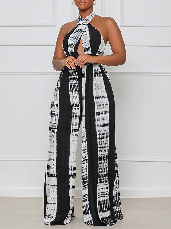 Printed Halter Wide-Leg Jumpsuit--Clearance