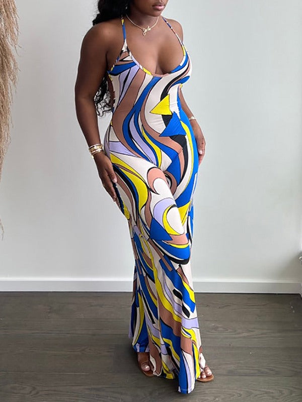 Printed Backless Jumpsuit--Clearance