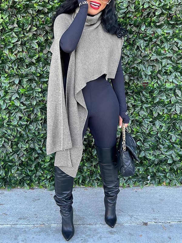 Asymmetric Turtleneck Knit Cape