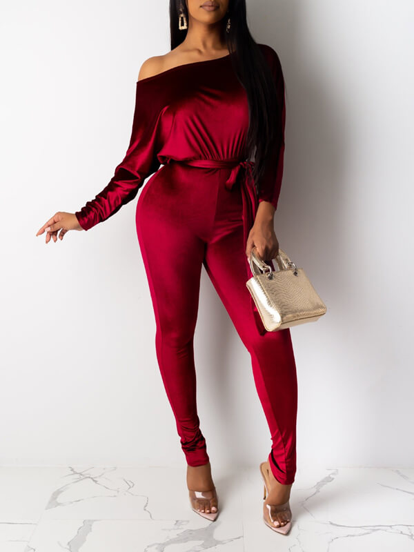 Velvet Boat-Neck Tied Jumpsuit--Clearance