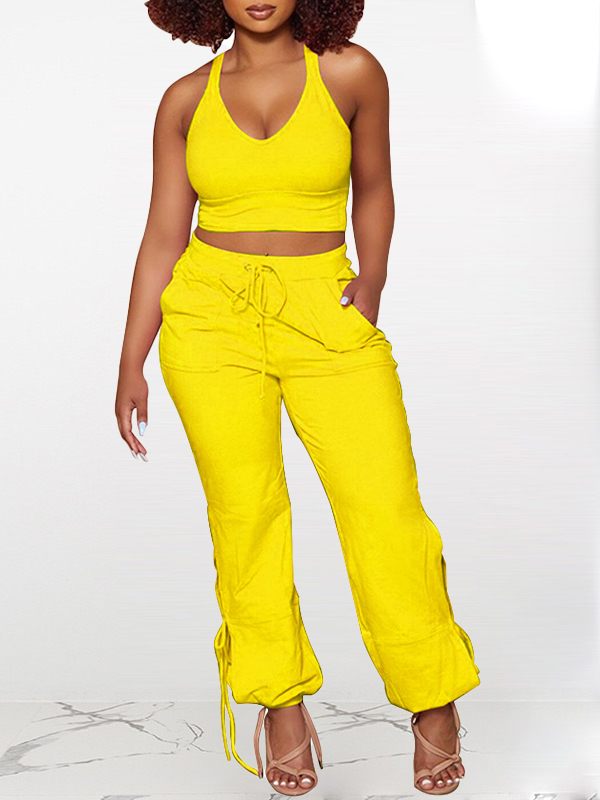 Solid Tank Top & Tied Pants Set--Clearance