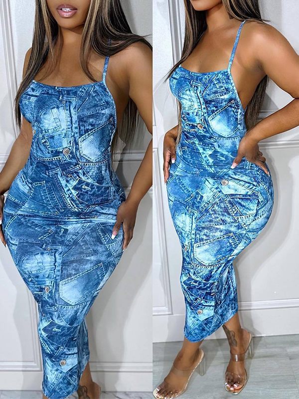 Denim-Print Cami Dress--Clearance