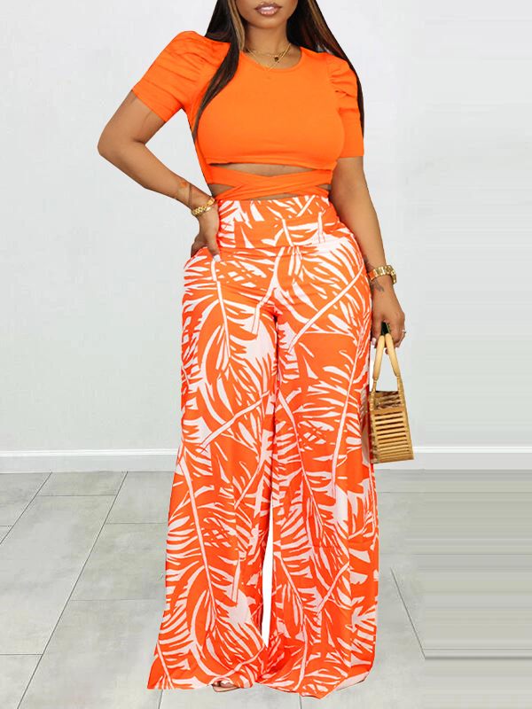 Puff Shoulder T-Shirt & Printed Wide-Leg Pants Set--Clearance