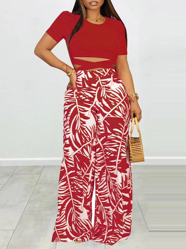 Puff Shoulder T-Shirt & Printed Wide-Leg Pants Set--Clearance