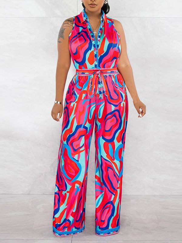 Printed Sleeveless Tied Jumpsuit--Clearance