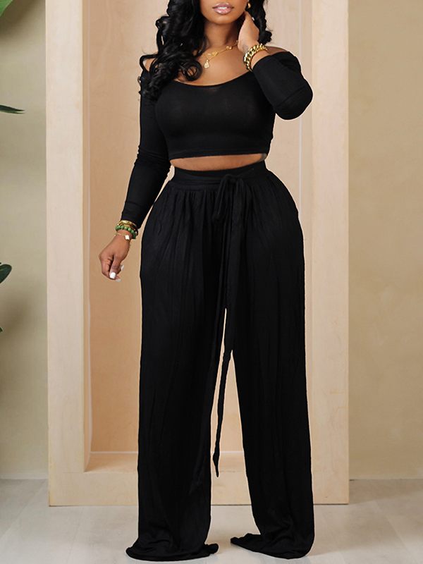 Solid Boat-Neck Top & Tied Pants Set--Clearance