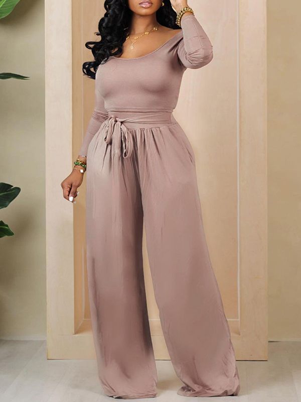 Solid Boat-Neck Top & Tied Pants Set--Clearance