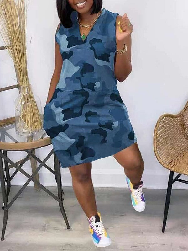 Camo V-Neck Sleeveless Dress--Clearance