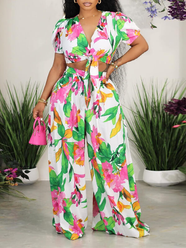 Indiebeautie Printed Tied Top & Wide-Leg Pants Set