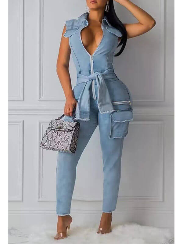 Indiebeautie Zip-Front Sleeveless Denim Jumpsuit