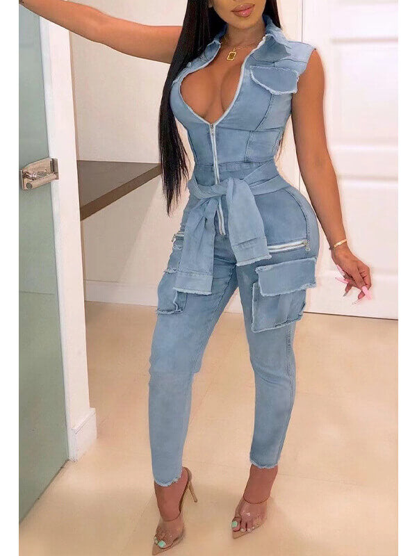 Indiebeautie Zip-Front Sleeveless Denim Jumpsuit