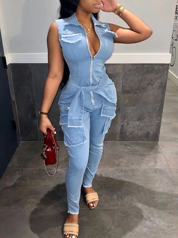 Indiebeautie Zip-Front Sleeveless Denim Jumpsuit