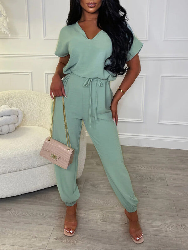 Indiebeautie Solid V-Neck Tied Jumpsuit