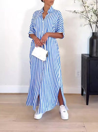 Stripe Side-Slit Shirt Dress--Clearance