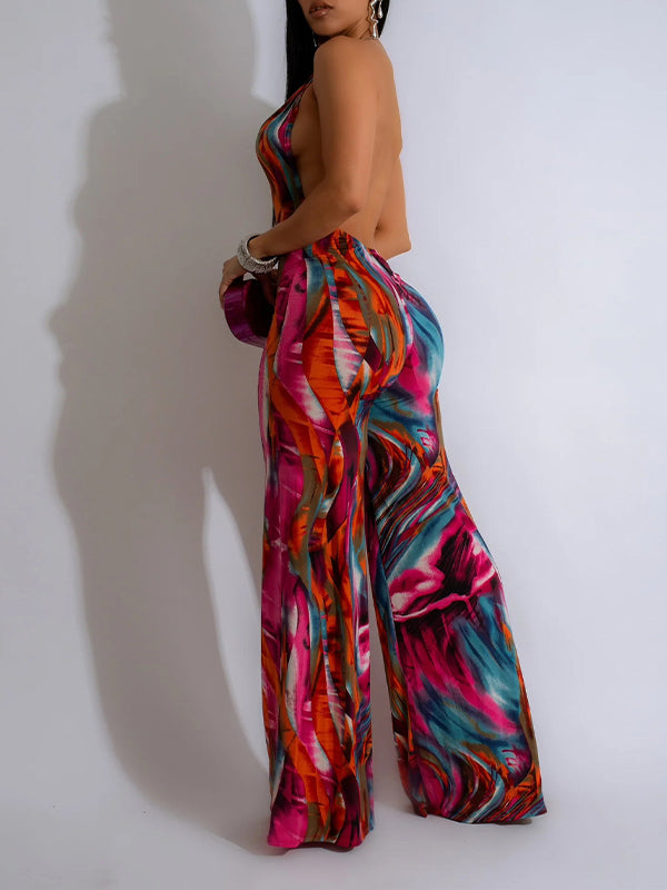 Printed Plunge Halter Jumpsuit