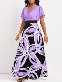 Printed-Combo V-Neck Maxi Dress