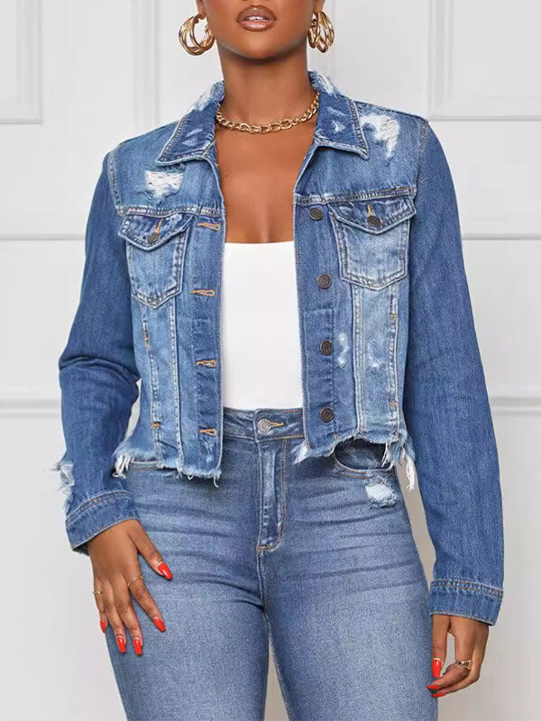 Distressed Button-Front Denim Jacket