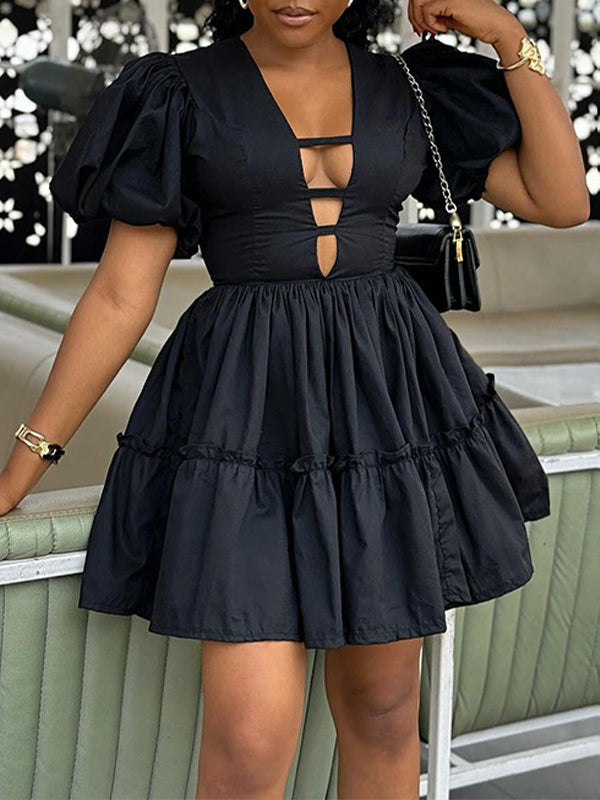 Black V-Neck Ruffle Dress--Clearance