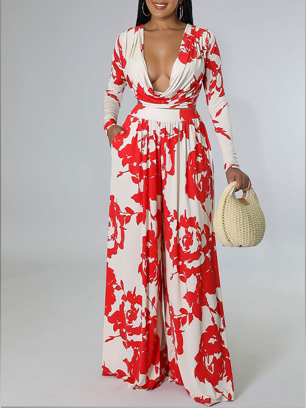 Printed V-Neck Top & Wide-Leg Pants Set