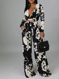 Printed V-Neck Top & Wide-Leg Pants Set