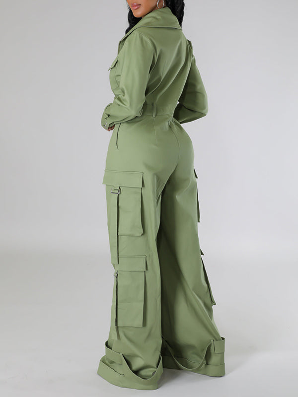 Zip-Front Wide-Leg Cargo Jumpsuit