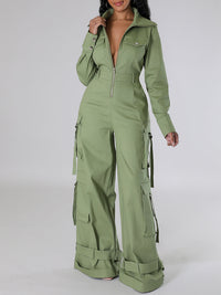 Zip-Front Wide-Leg Cargo Jumpsuit