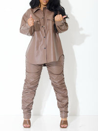 Faux-Leather Shirt & Ruched Pants Set--Clearance