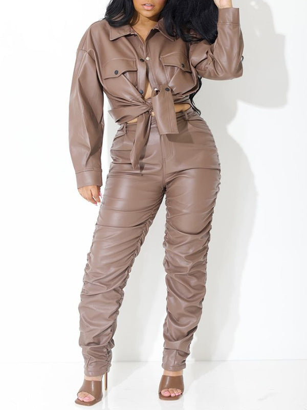 Faux-Leather Shirt & Ruched Pants Set--Clearance