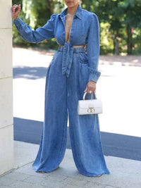 Denim Tied Shirt & Wide-Leg Pants Set