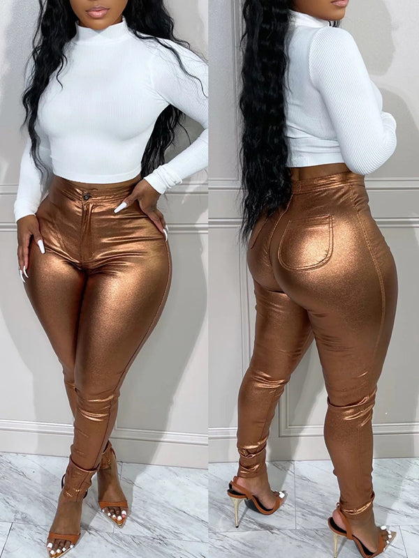 Metallic Faux-Leather Pants