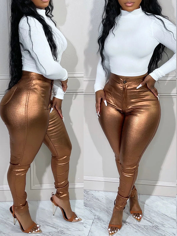 Metallic Faux-Leather Pants