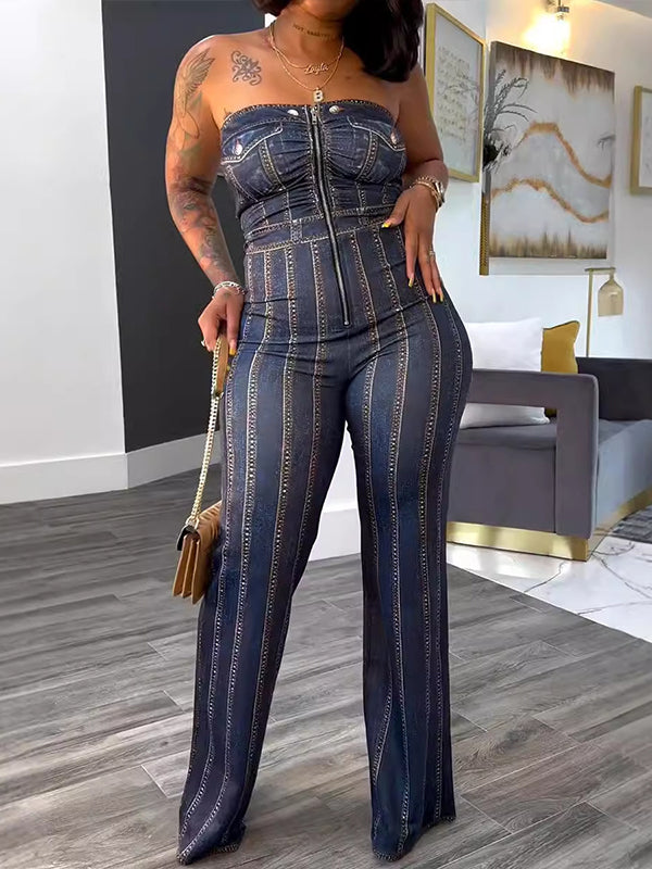 Denim-Print Strapless Jumpsuit