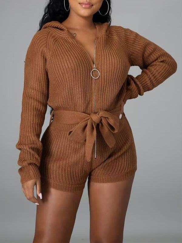 Knit Zip-Front Hoodie Romper