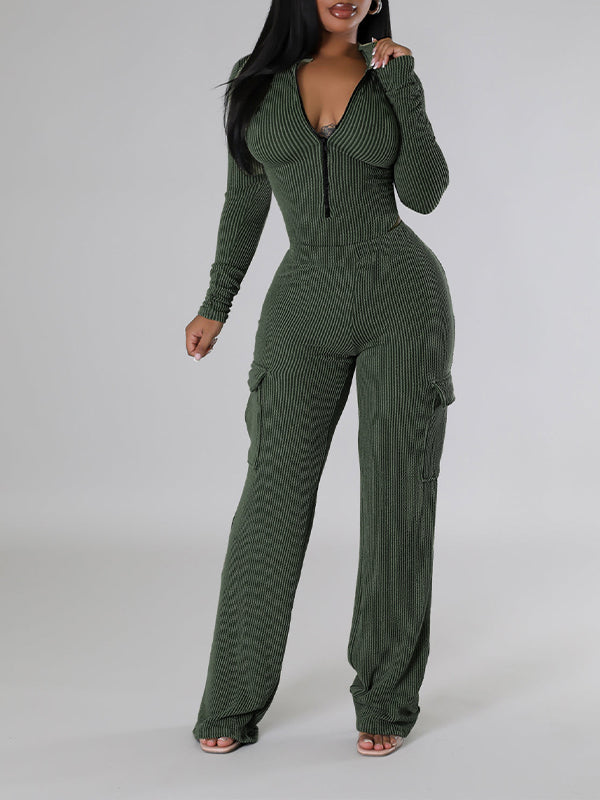 Zip-Front Bodysuit & Cargo Pants Set