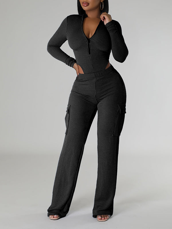 Zip-Front Bodysuit & Cargo Pants Set