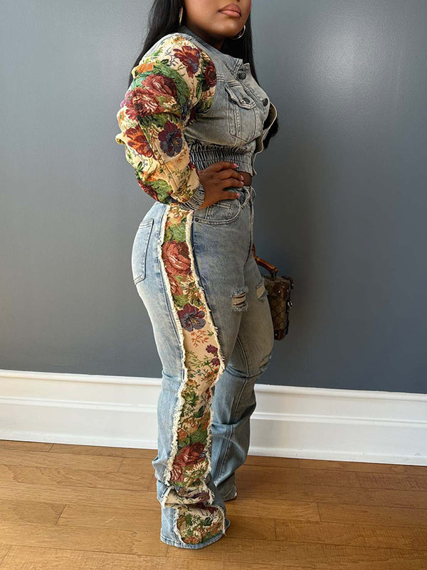 Indiebeautie Printed Combo Denim Jacket & Pants Set