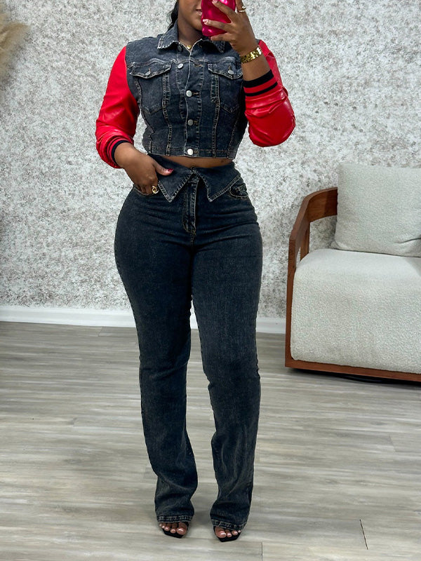 Faux-Leather Combo Denim Jacket & Jeans Set